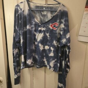 Fanatics Blue and White Tie-Dye V-Neck Long Sleeve Top with Red Chevron Logo